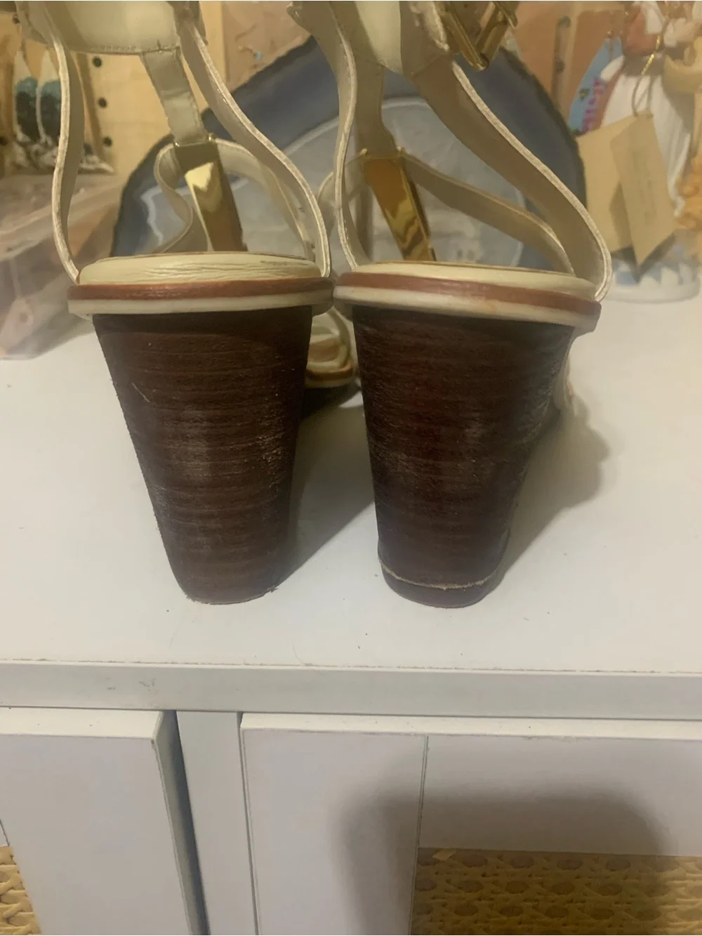 DV by Dolce Vita Cream Leather Wedge Sandals with Gold Accent